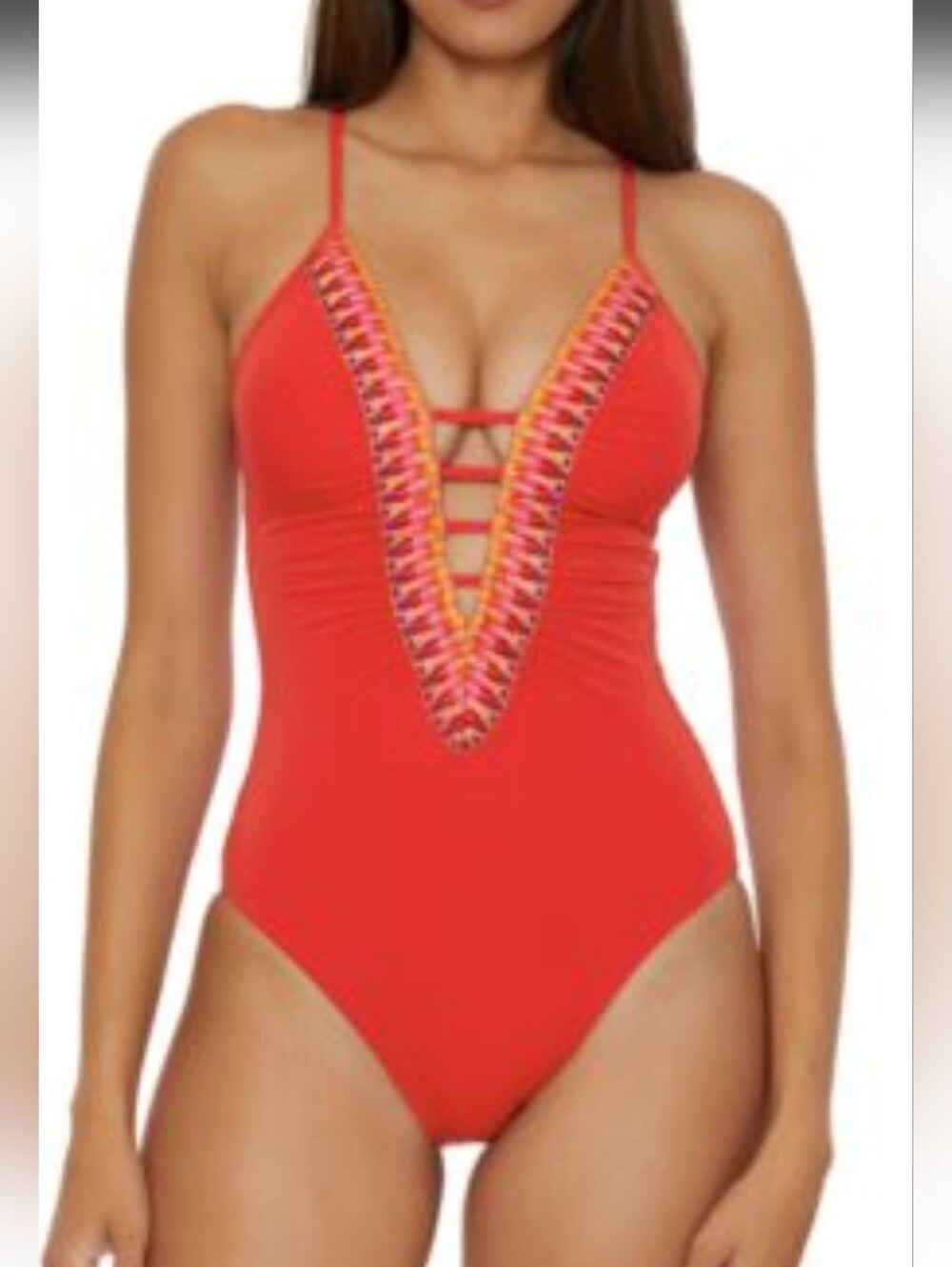 BECCA Fiesta Plunge Neck One-Piece Swimsuit In Red Size Medium BNWT